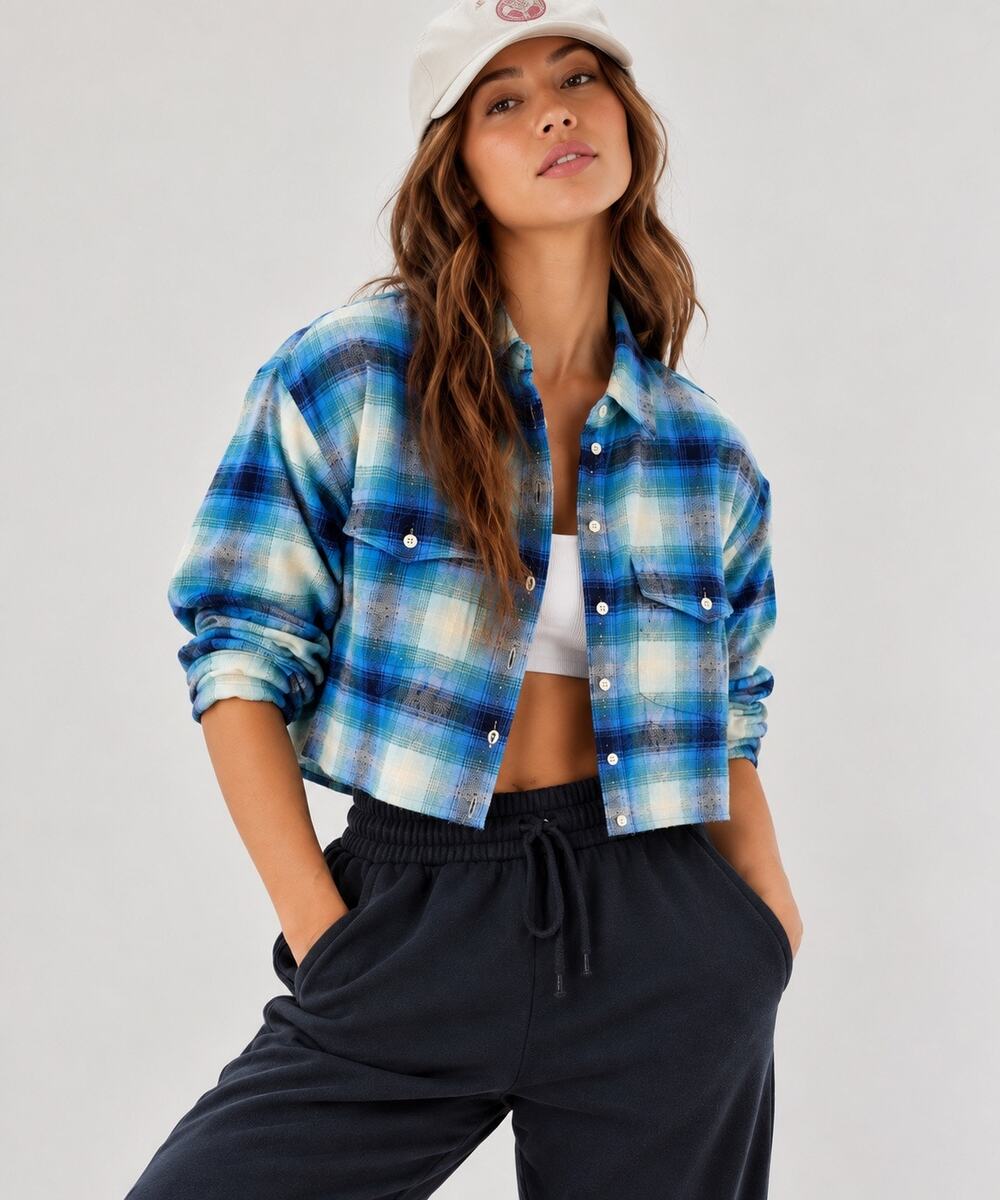 American Eagle Blue Teal Plaid Cropped Flannel Button Down Shirt NWOT Size XL